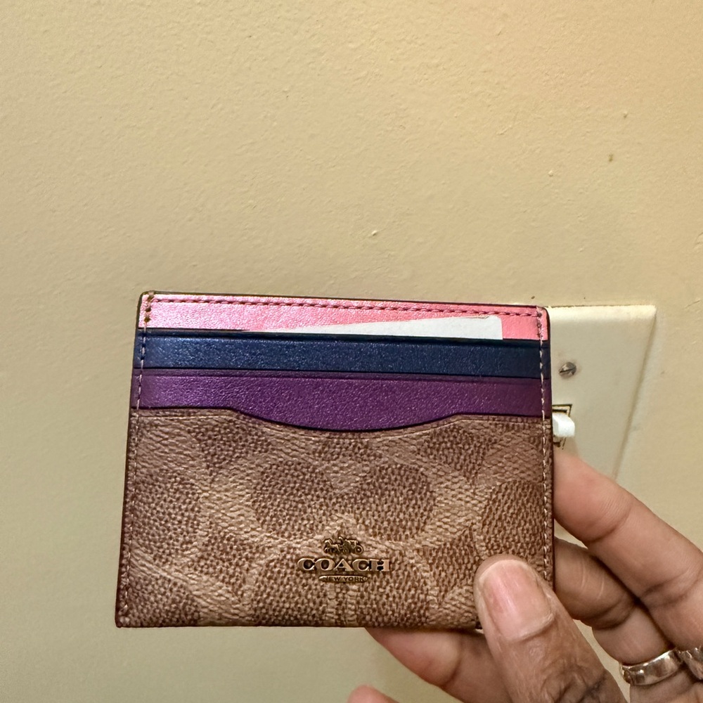 Coach Brown Signature Card Case with Pink, Purple and Blue Trim